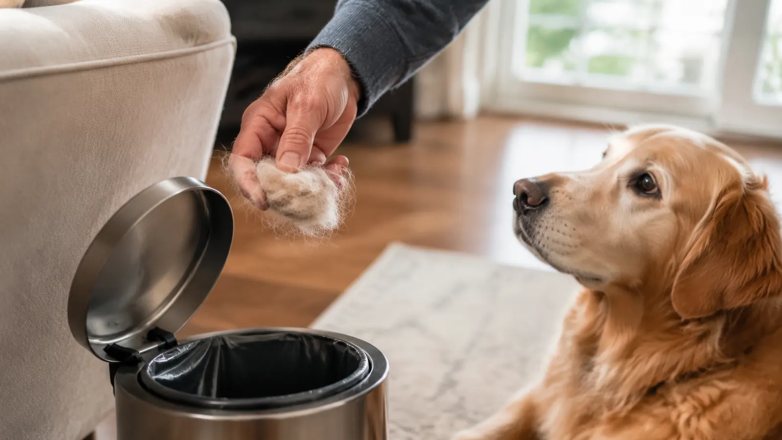 A person's hand holding a small wad of light fur over a stainless steel trash can, the arm of a beige couch soft in the background