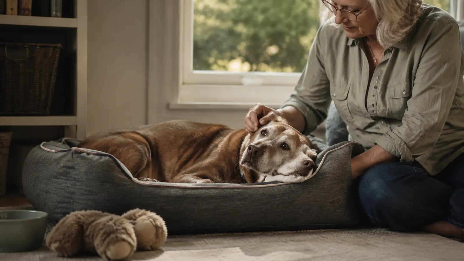 A dog settled comfortably on the dog bed with its chin resting on the raised edge while the owner leans down to scratch its ear