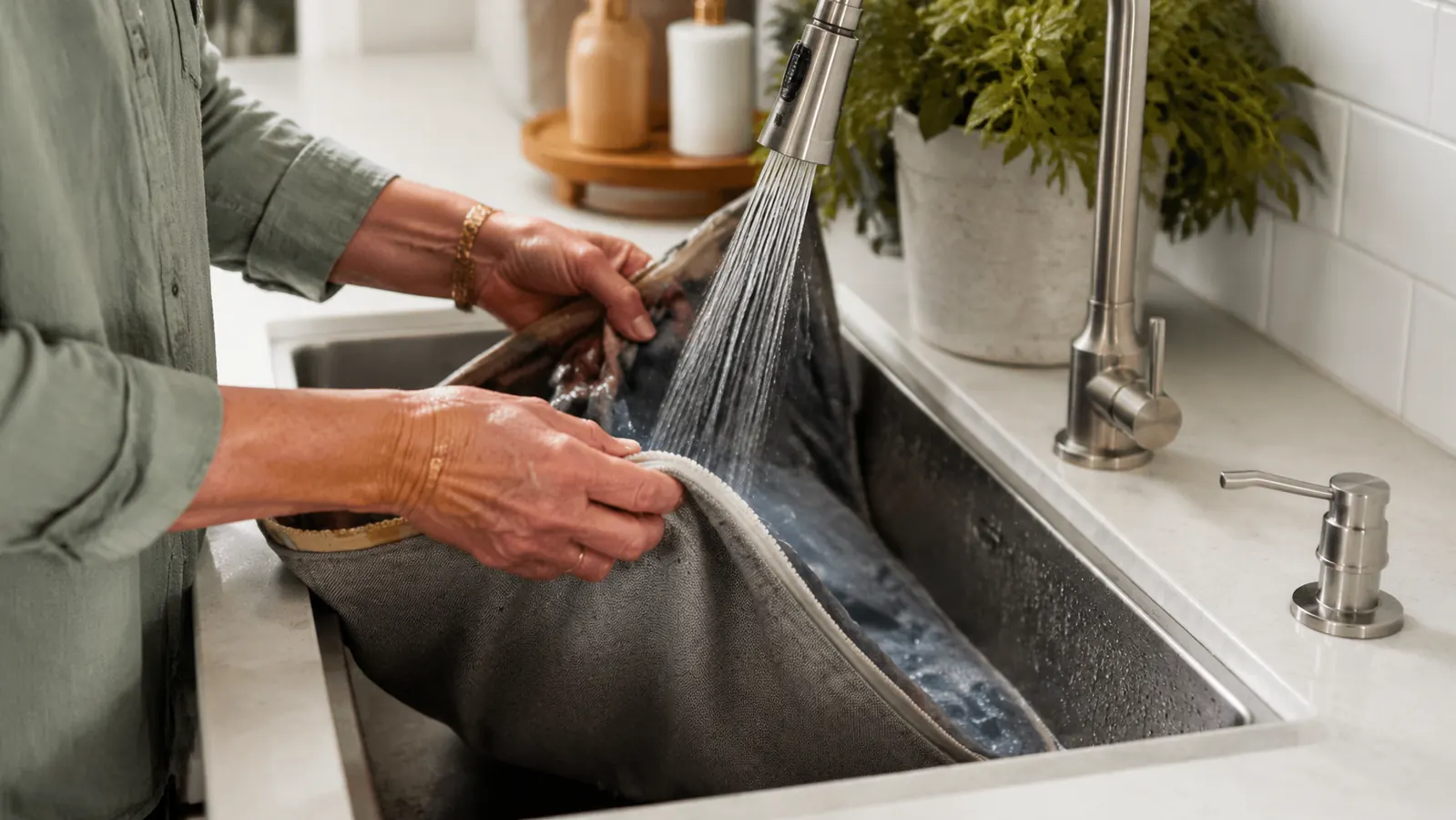 An older person's hands washing the removable cover of a dog bed under a running kitchen tap in a stainless steel sink