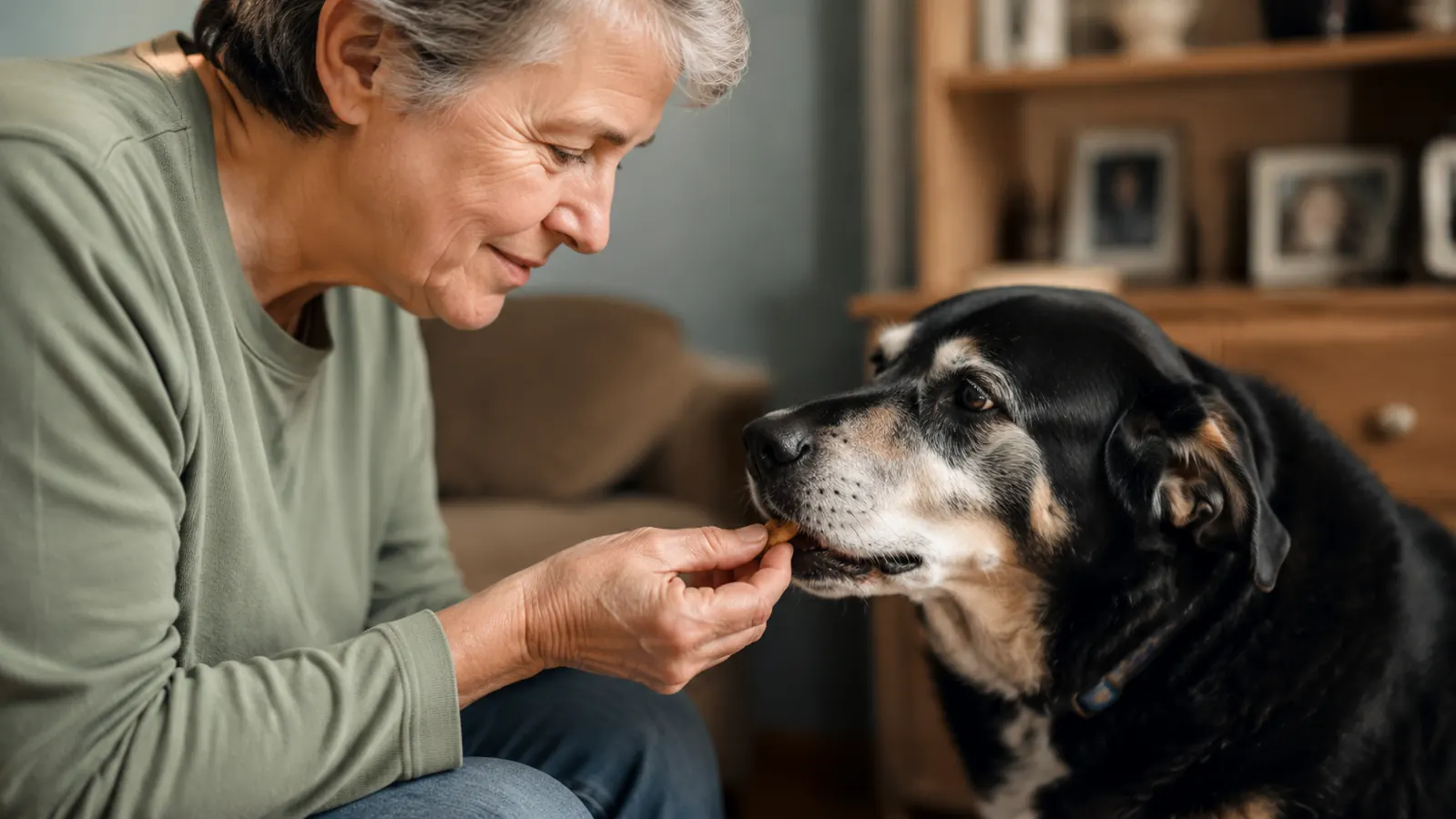 A hand offering a small chewable joint supplement tablet and the dog taking it gently from the palm