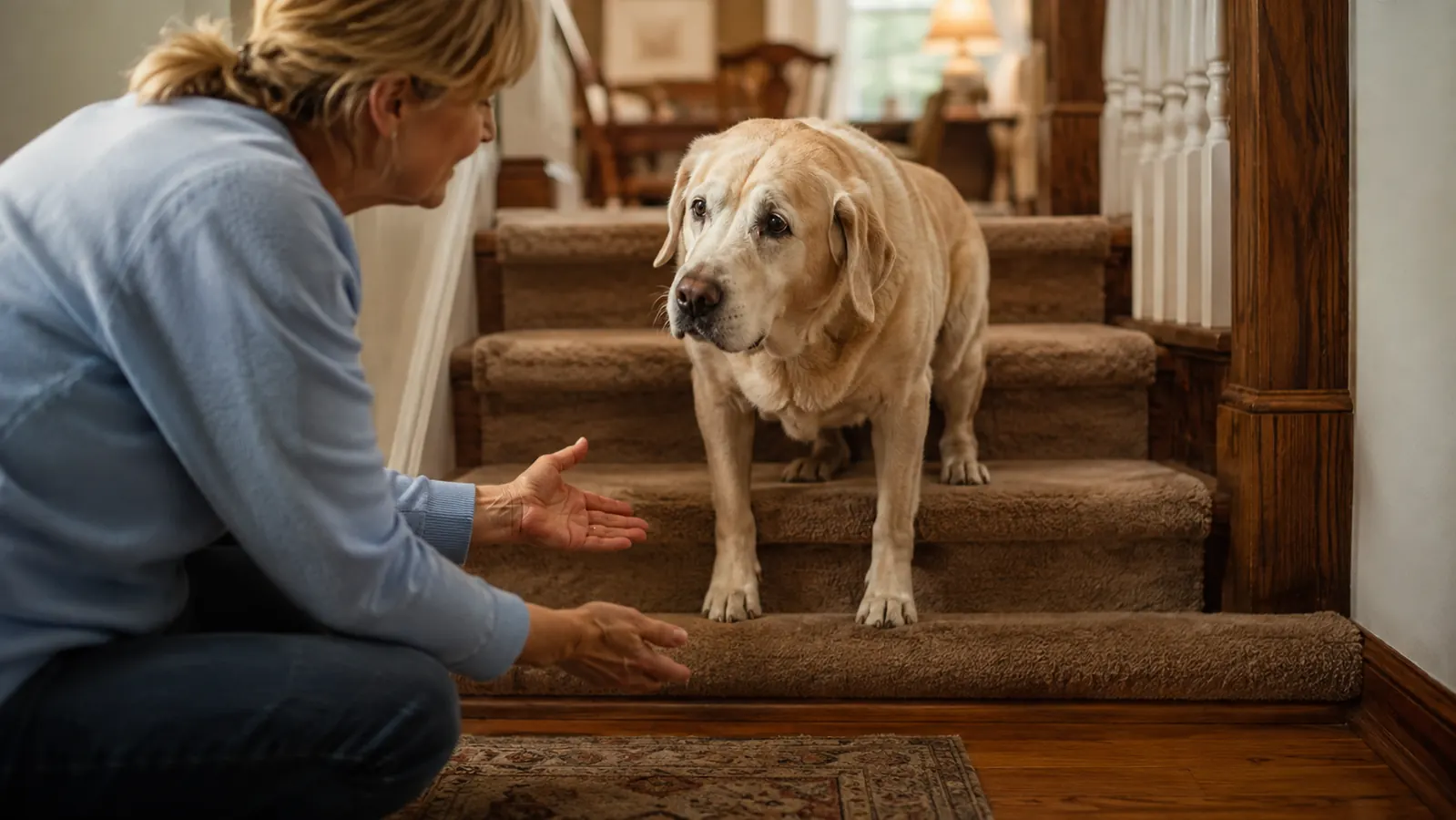 A senior dog hesitating at the bottom of a short staircase in a warm living room