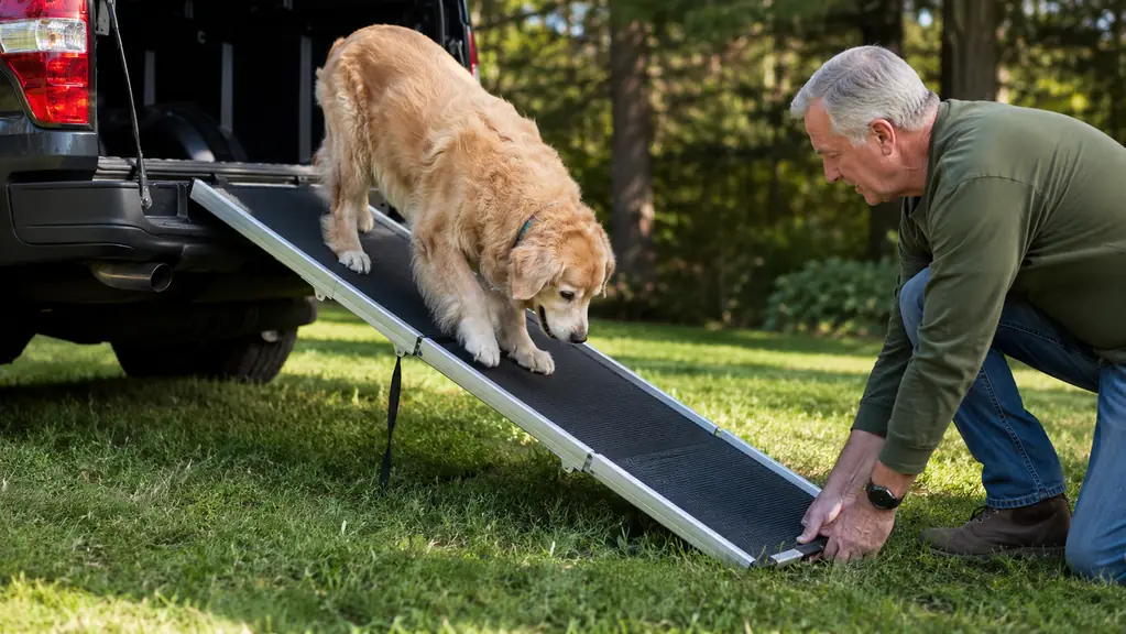 An older man steadying the dog ramp with one hand as the senior dog steps down it to the ground