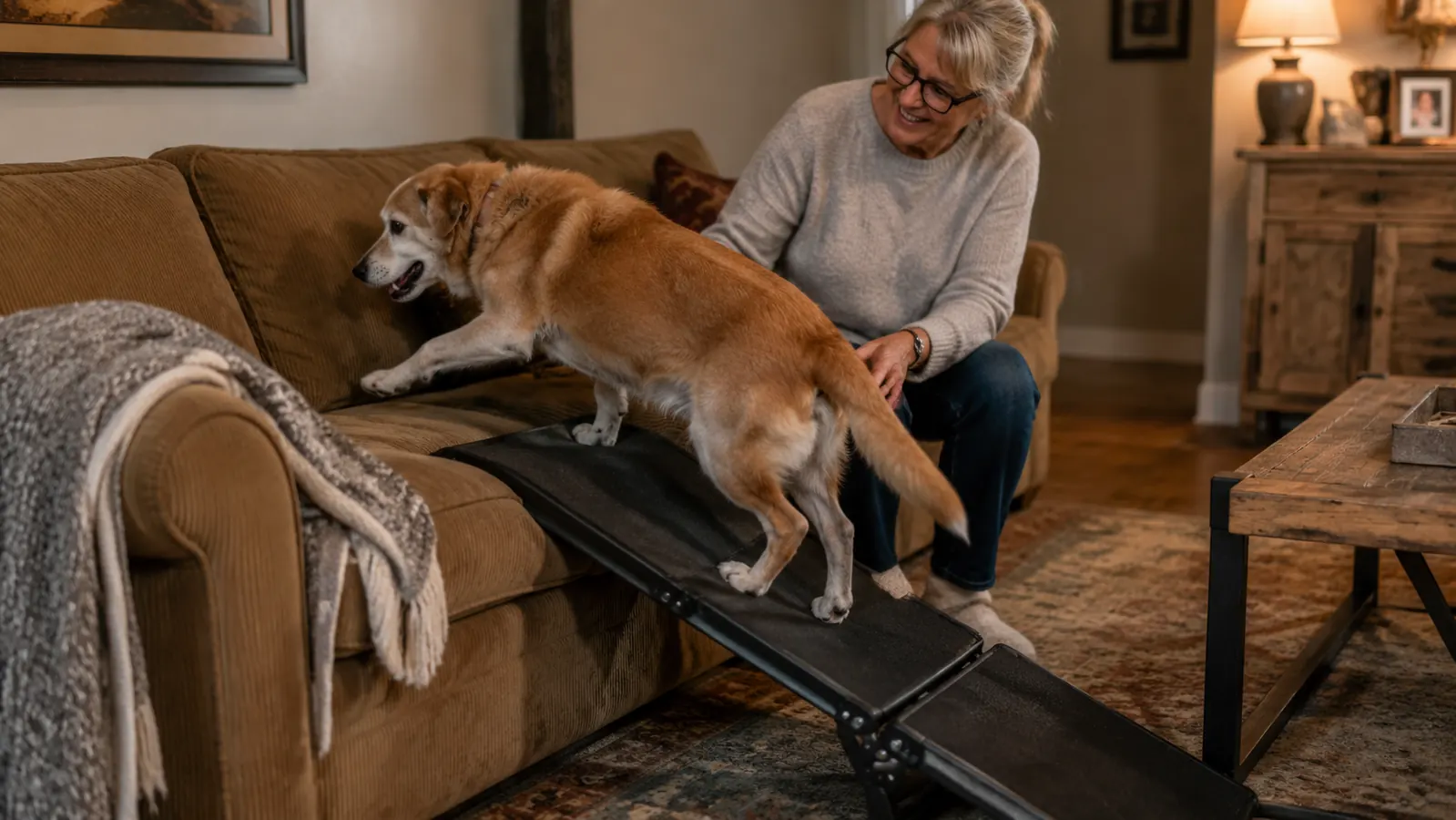 A folding dog ramp leaned against the side of a couch in a living room, the senior dog walking up it onto the cushions