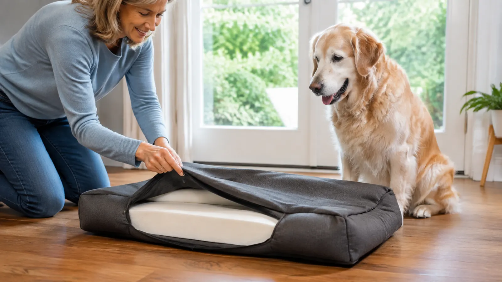 A person unzipping the removable cover off an orthopedic dog bed to take it off for washing, with the dense foam core and raised rim visible on a home floor