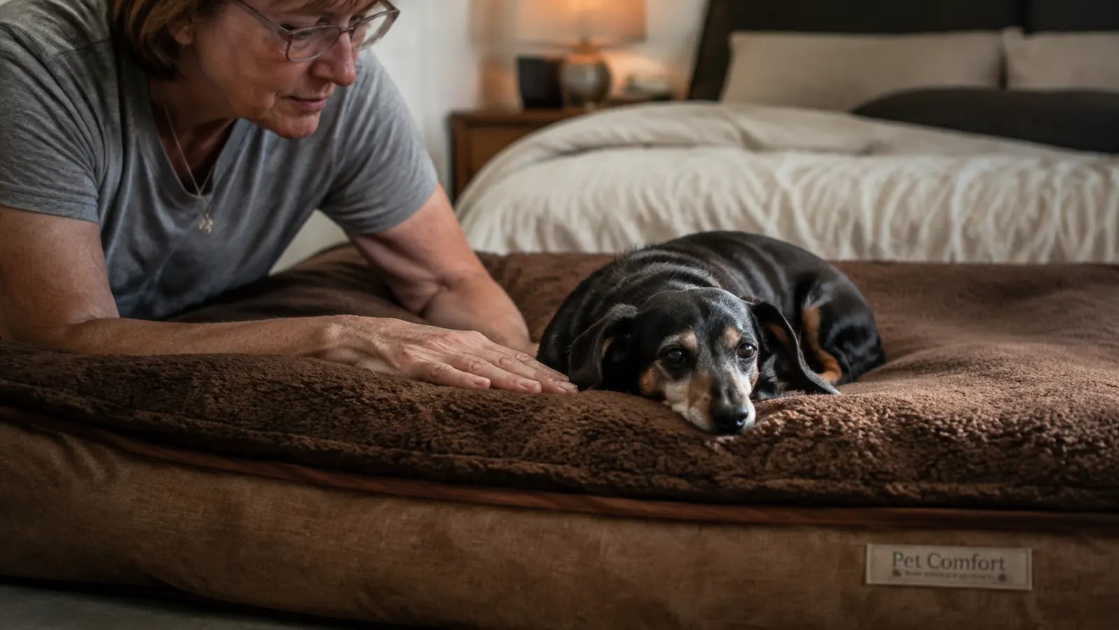 A hand resting on the padded cover beside a settled senior dog on the bed