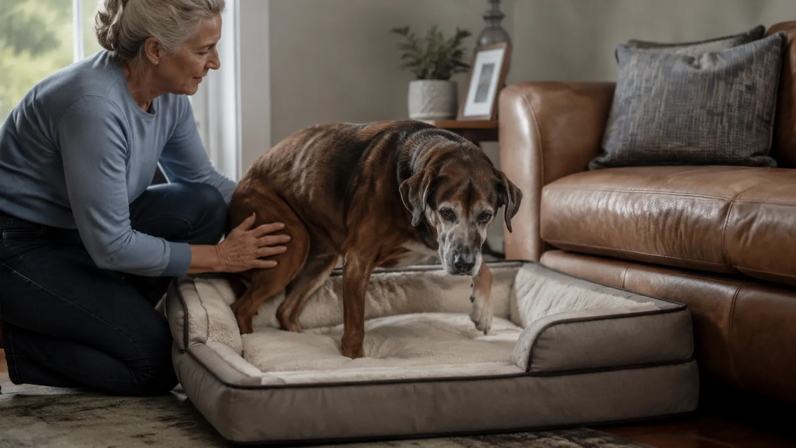 A senior dog settling onto the orthopedic bed beside a couch, choosing the bed over the couch