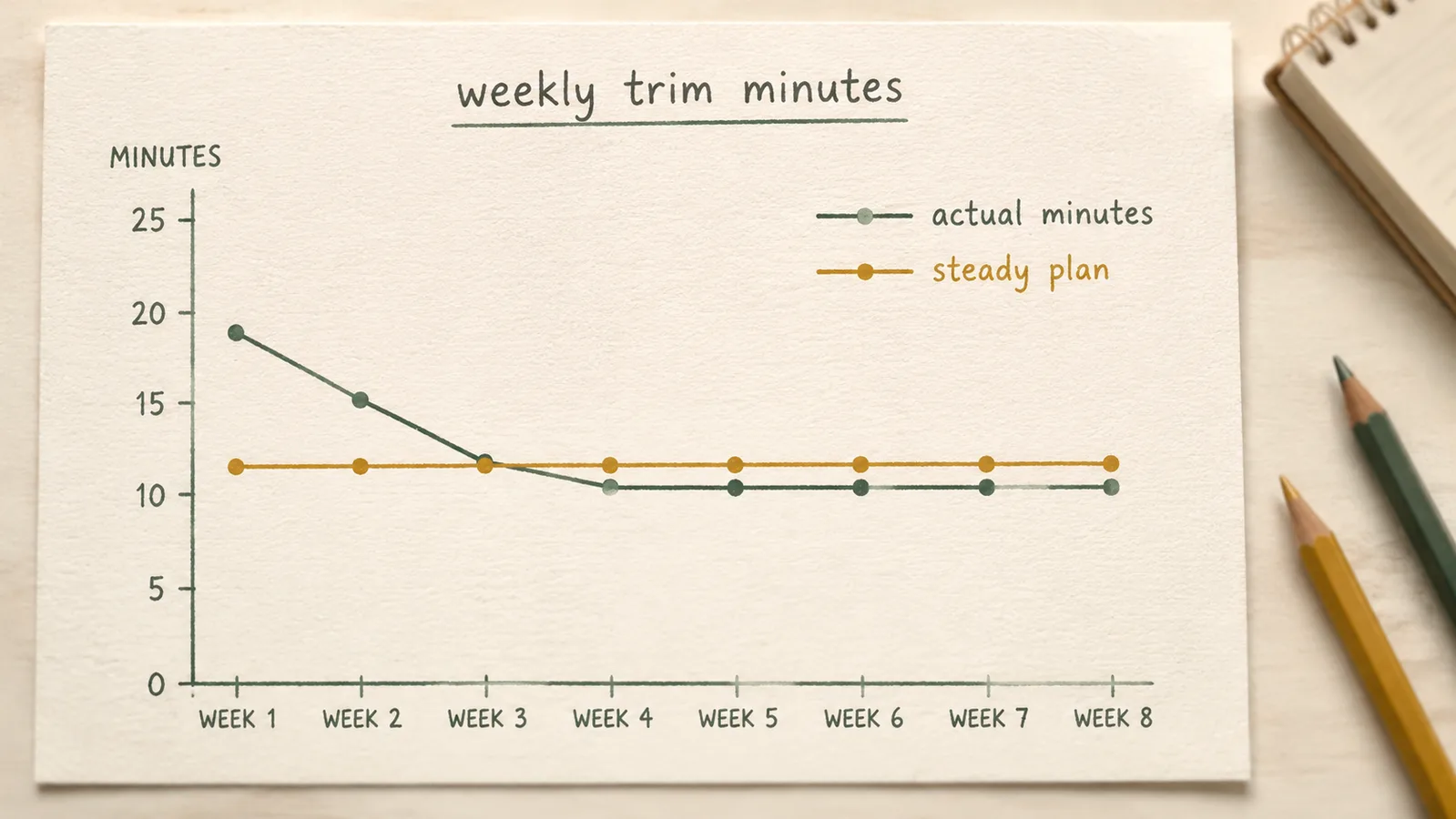 A simple line chart titled weekly trim minutes showing the total weekly grinding time dropping over the first three weeks and then holding steady for the rest of the eight weeks, drawn in a clean hand-illustrated style