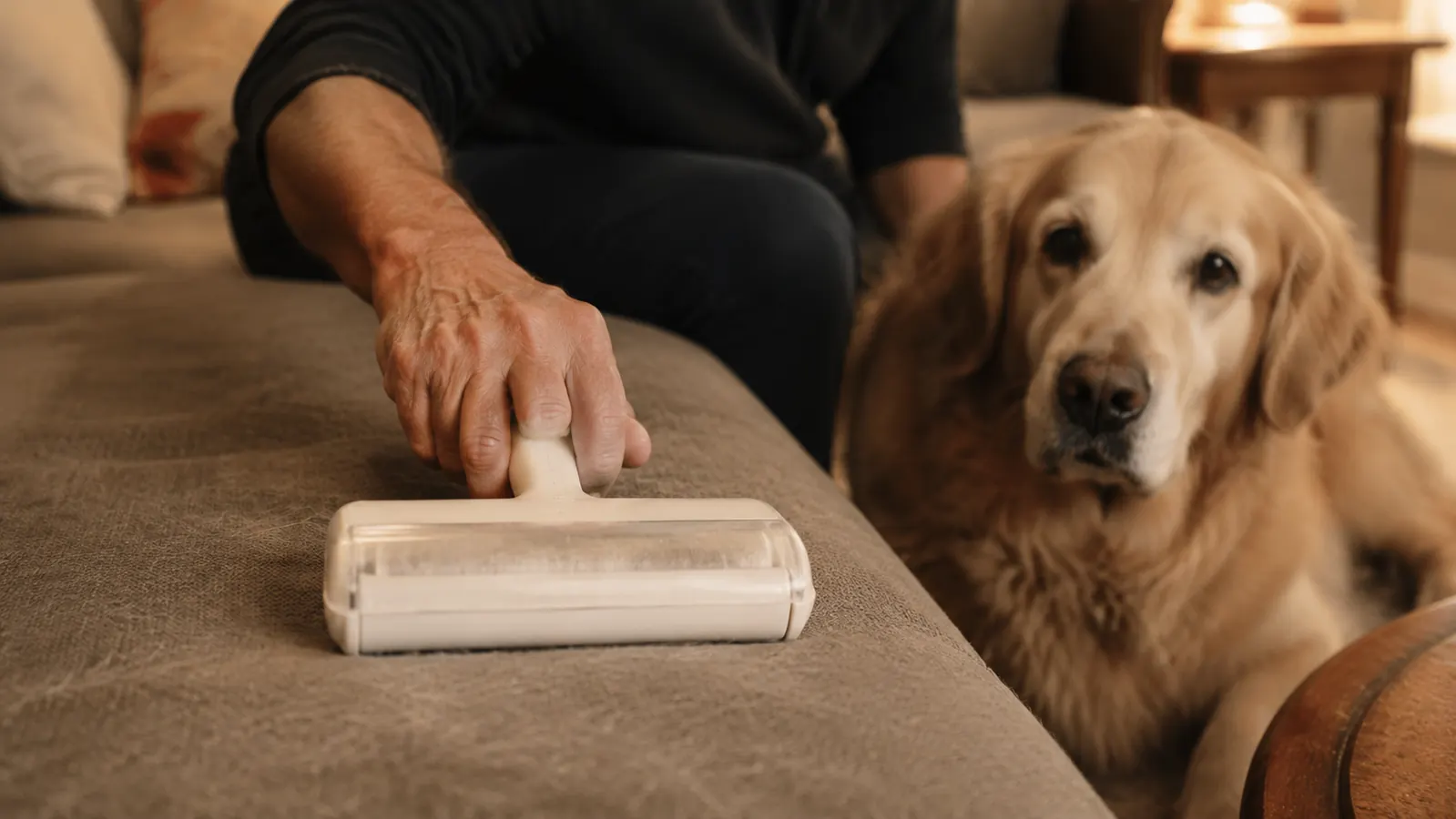A hand pushing the reusable pet hair roller across a fabric couch cushion in slow strokes