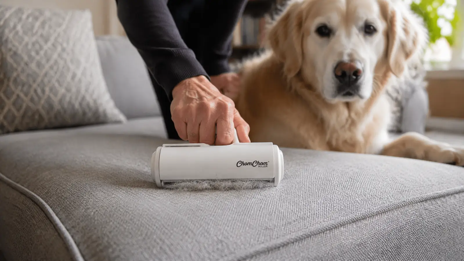 A hand guiding a reusable fabric lint roller in firm back-and-forth strokes across a light grey couch cushion covered in pet hair