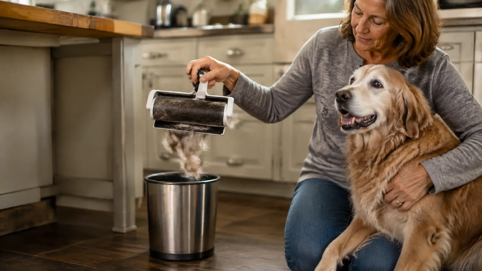 The opened chamber of a reusable fabric lint roller held over a small trash bin while a loose clump of mixed pet fur drops out