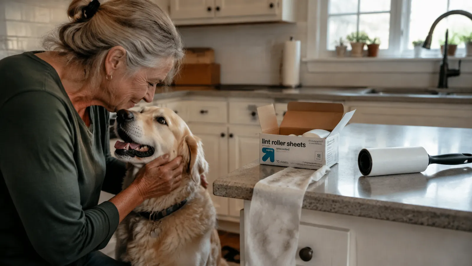An open box of sticky lint roller sheets and a lint roller lying on a kitchen counter