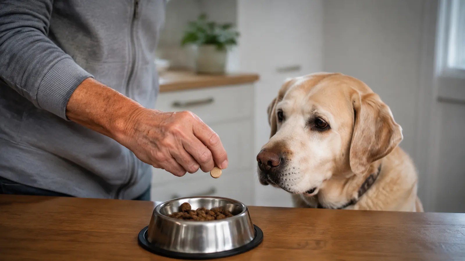 A hand dropping a chewable joint tablet onto a dog's dry food in a stainless steel bowl