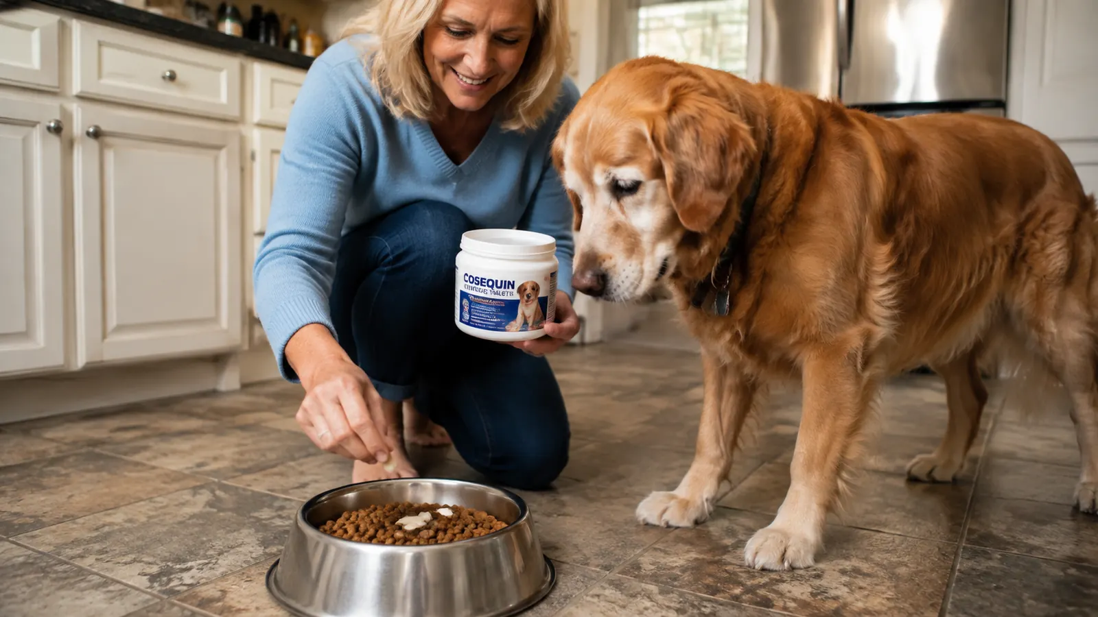 A hand dropping Cosequin chewable tablets onto dry kibble in a stainless steel dog bowl on a kitchen floor