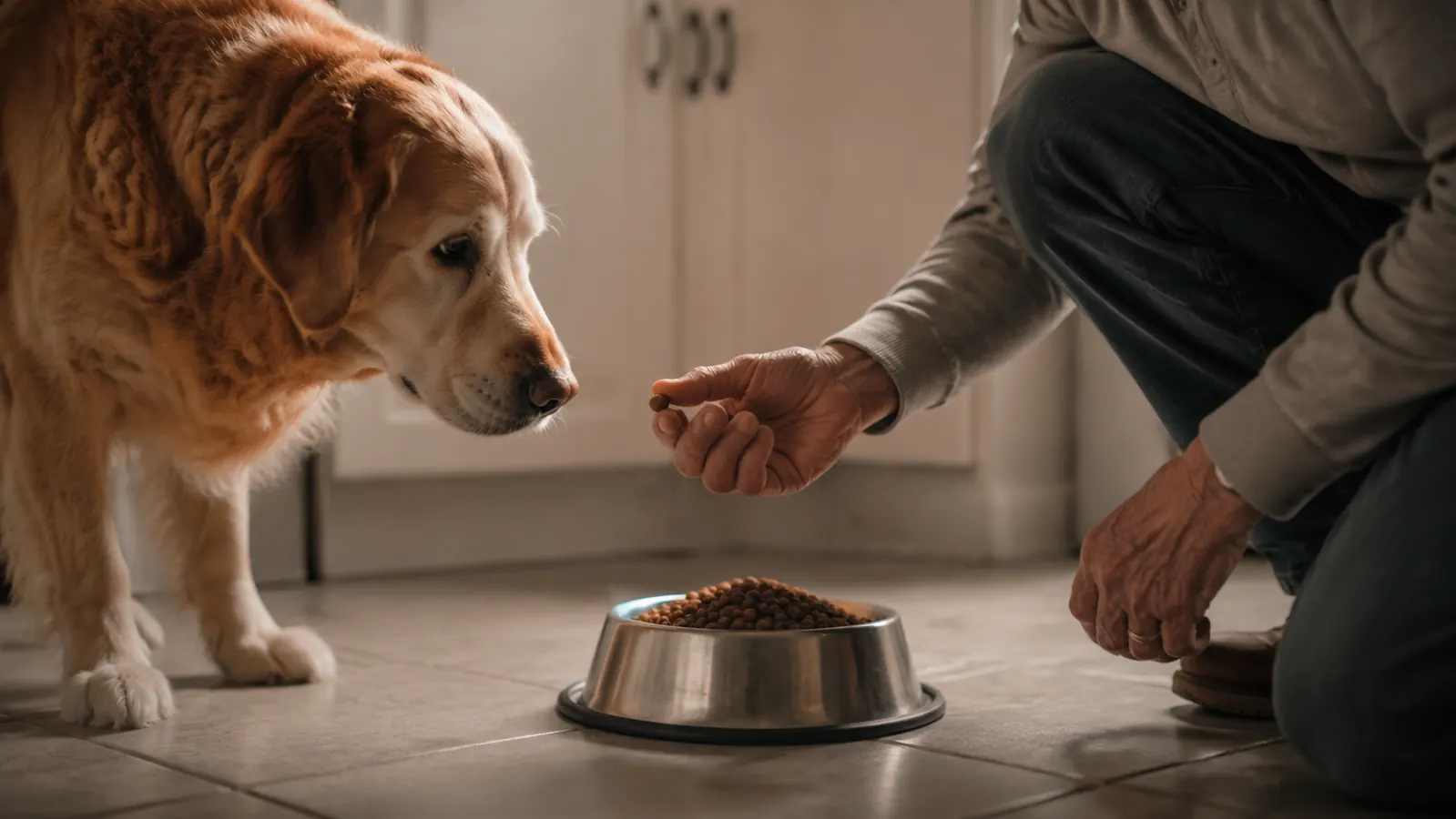 A hand offering a chewable tablet beside a stainless bowl of breakfast kibble