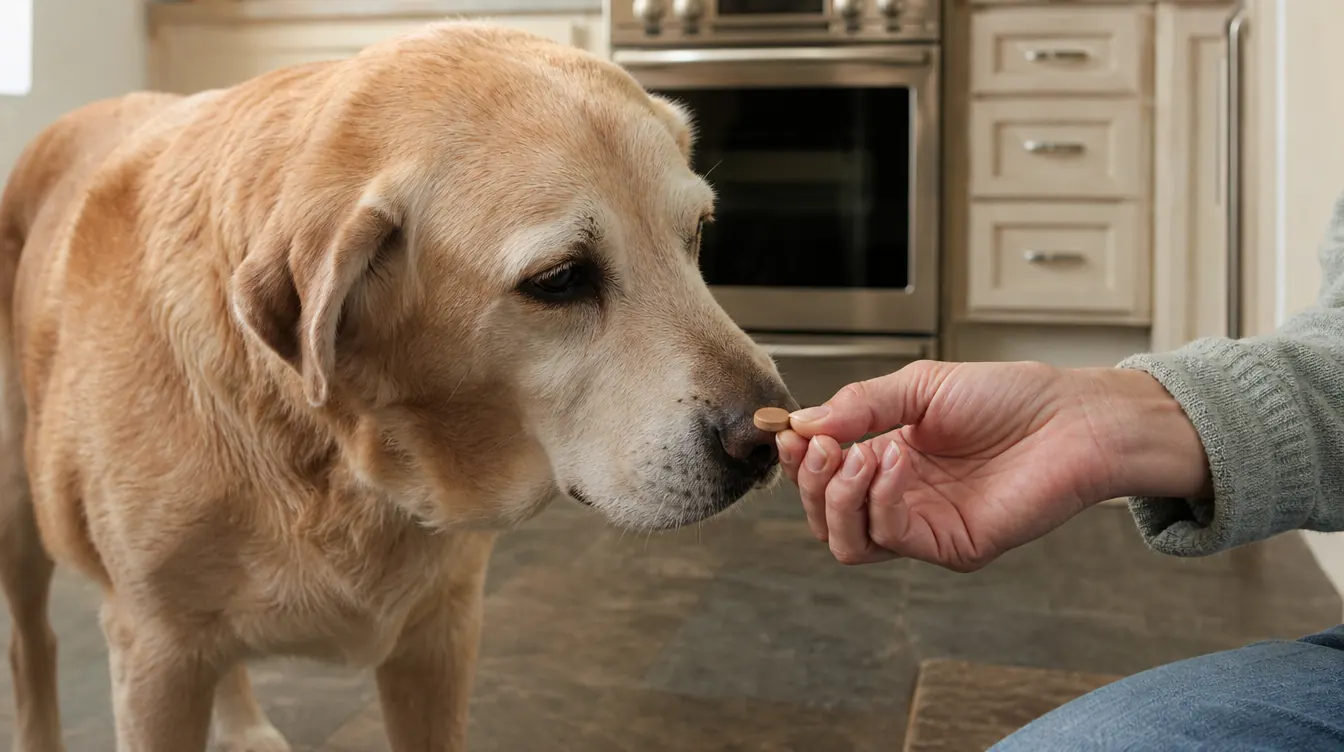 A person's hand offering a small chewable tablet to a seated senior dog on the kitchen floor, soft morning light across the linoleum