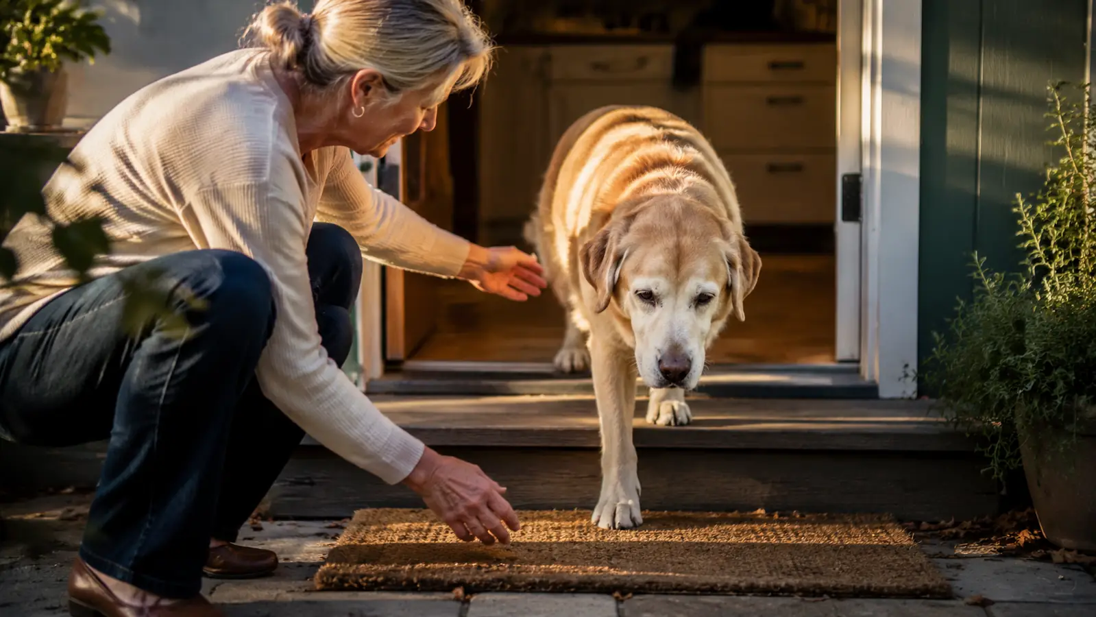 A senior dog stepping one paw down a low porch step onto a dry mat at the back door, warm low sun, easy steady motion