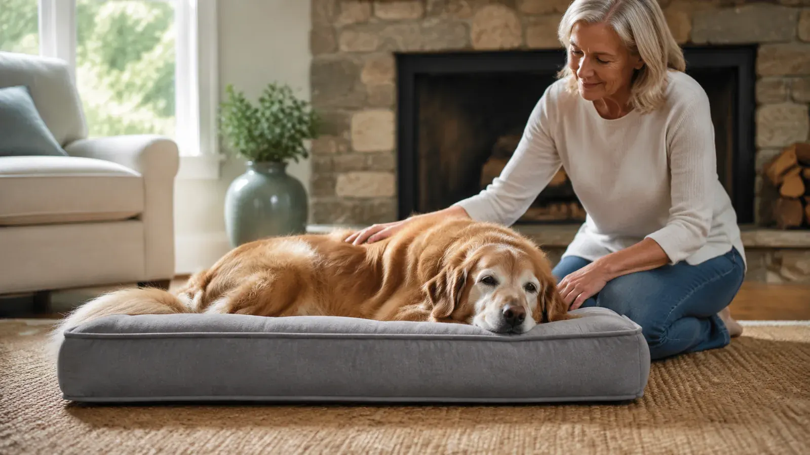 A calm senior dog resting on an orthopedic bed in a bright living room