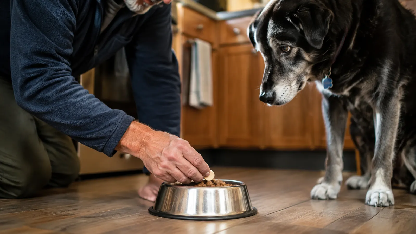A hand placing a single chewable tablet on top of a dog's kibble in a stainless steel bowl sitting on the floor.