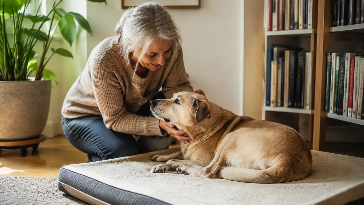 A senior dog resting comfortably on a foam orthopedic mat in a warm, sunlit corner of a living room.