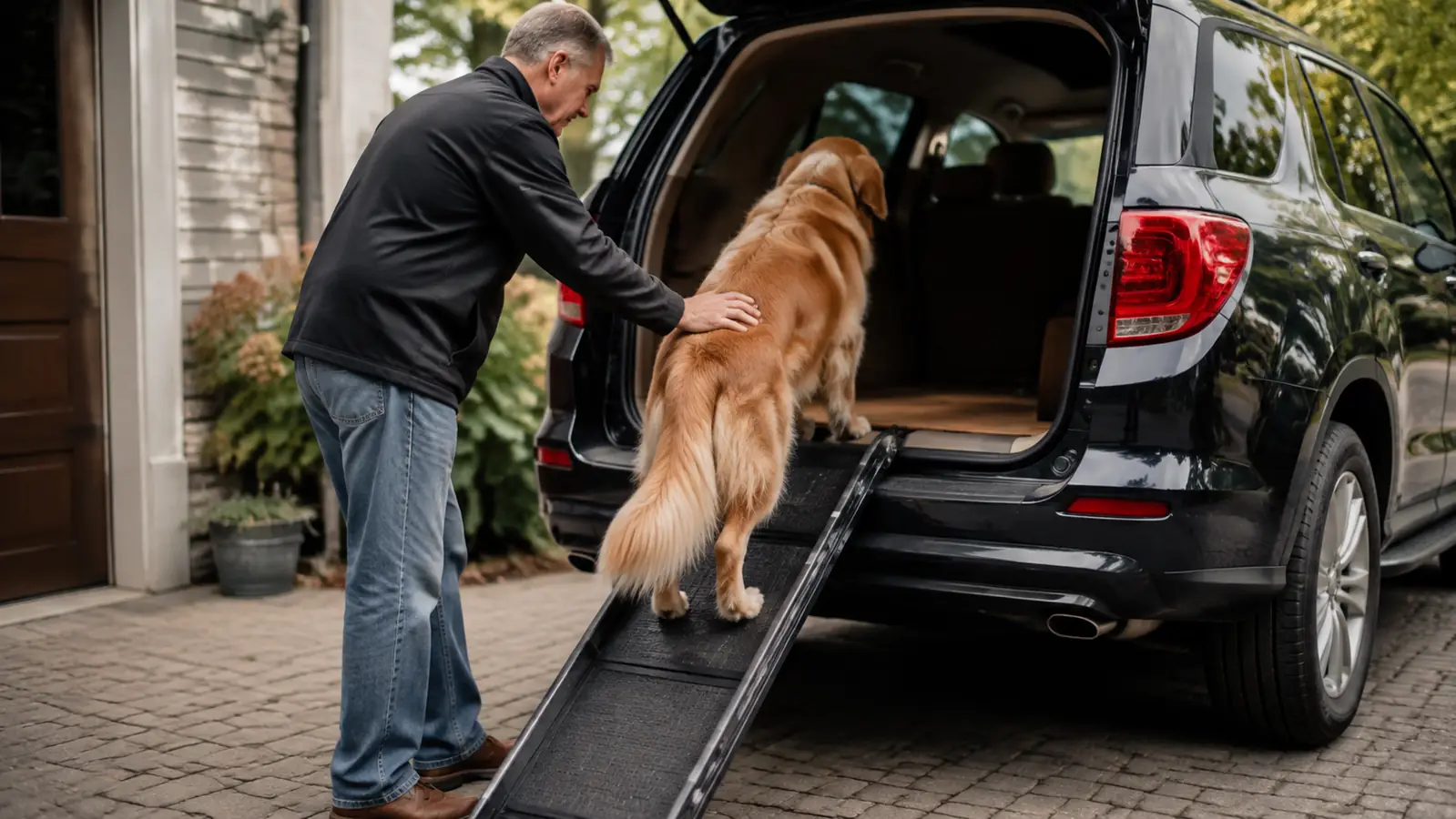 A hand guiding a senior dog up a folding ramp into the back of an SUV