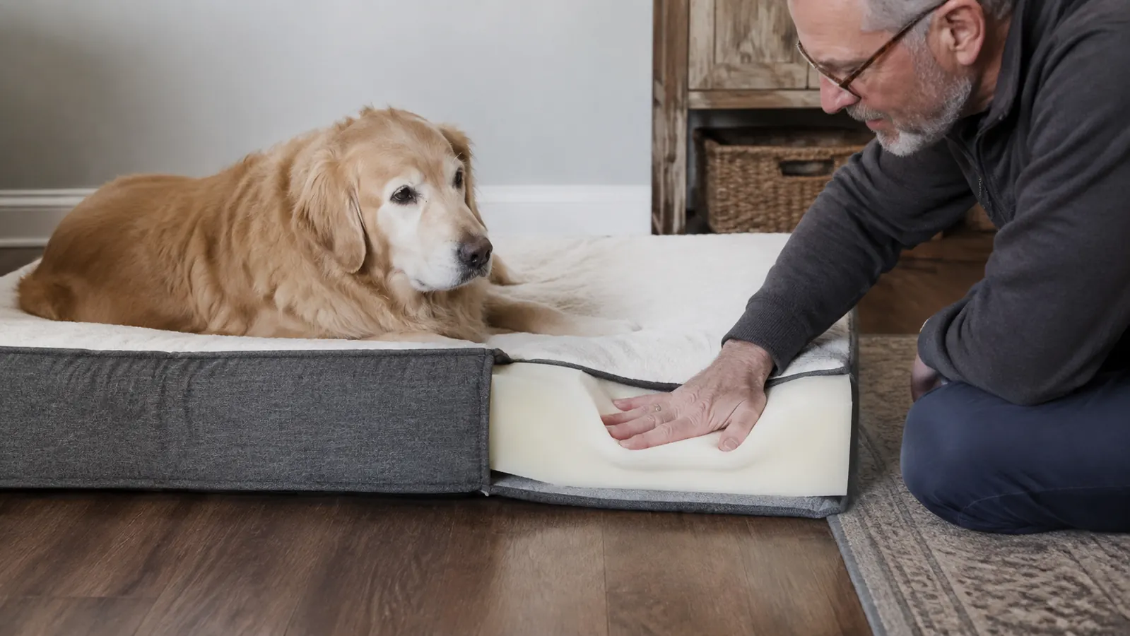 A hand pressing down into the foam core of an orthopedic dog bed to test how well it bounces back, the fitted cover stretched over the top, bed on a wood floor.