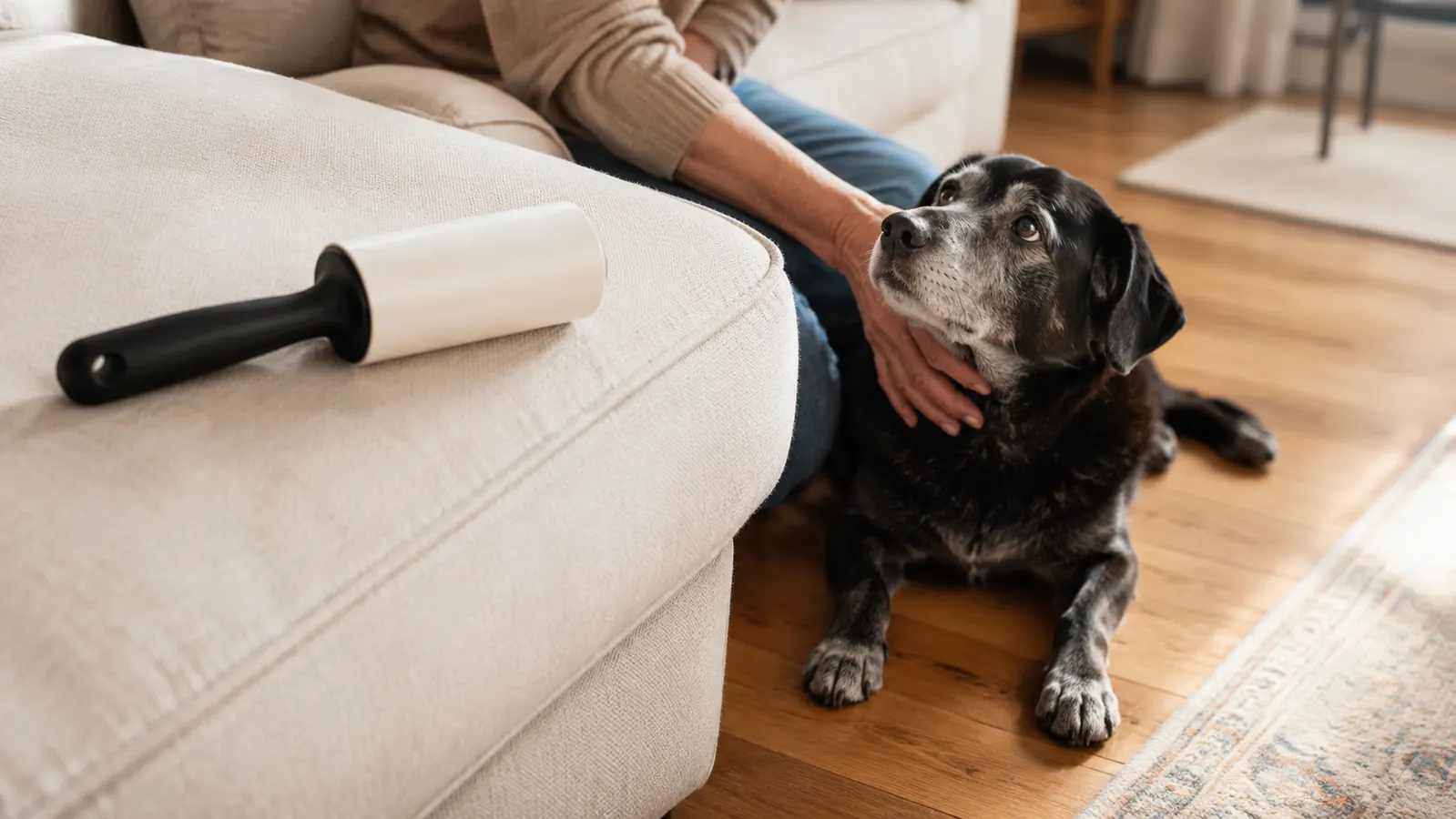 A reusable roller resting on a clean sofa cushion with a dog lying on the floor beside the couch