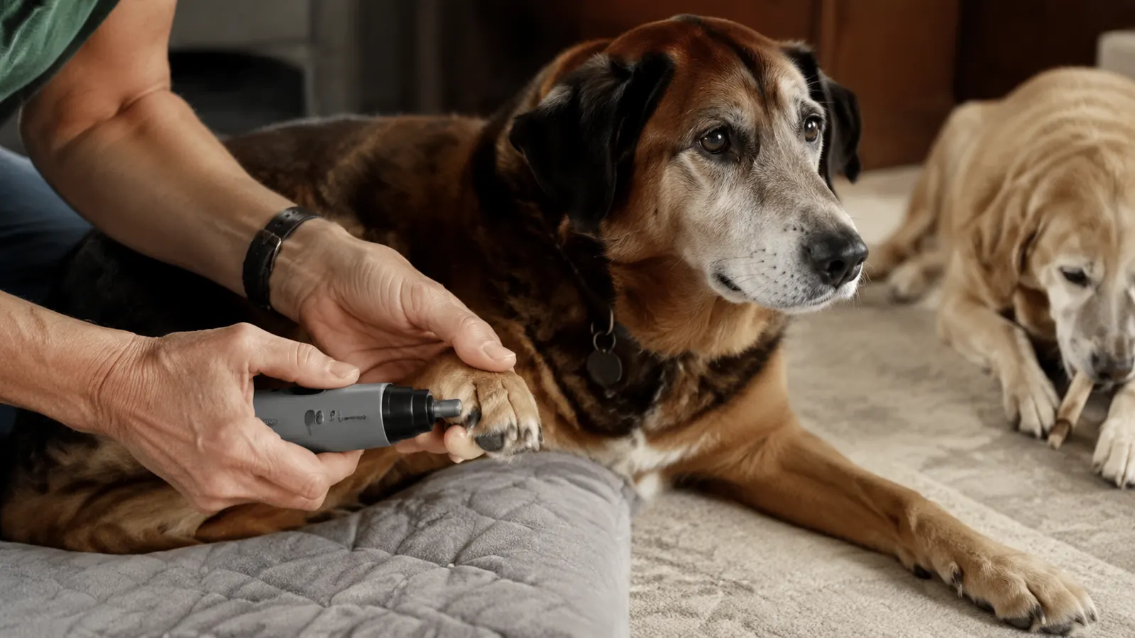A hand steadying a dog's paw while a quiet nail grinder rests against the nail
