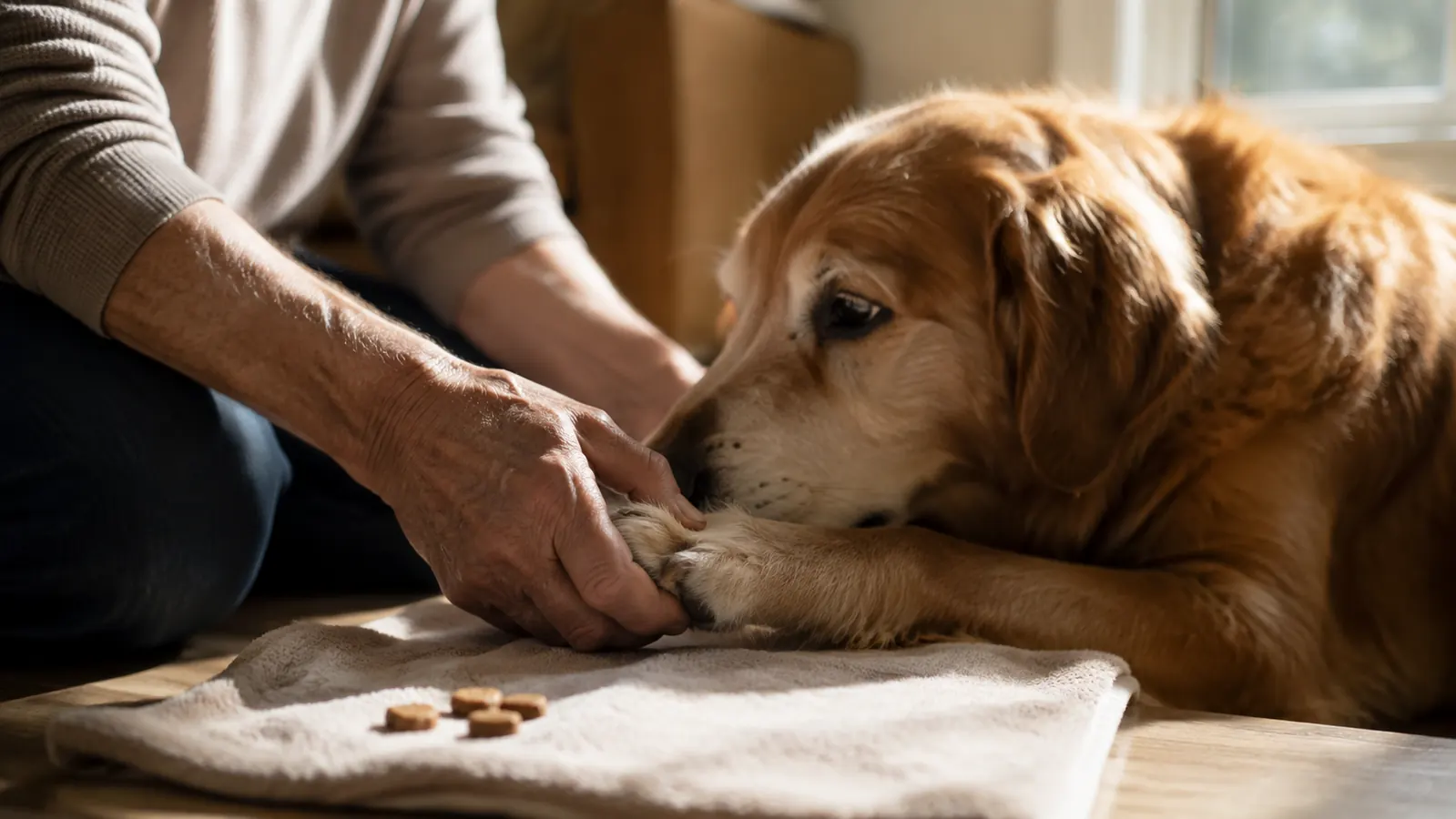 A person resting a dog's paw on a soft towel with a few training treats nearby