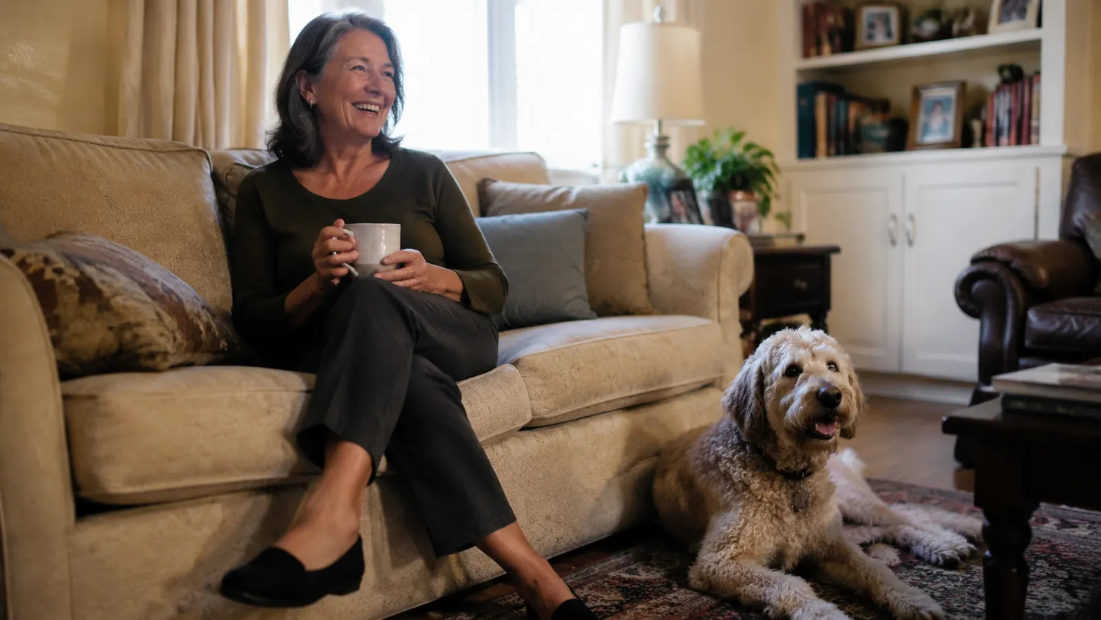 A smiling guest in her sixties sits cross-legged on a clean couch holding a ceramic coffee mug, dark trousers clearly free of pet hair, a dog lying on the floor at her feet