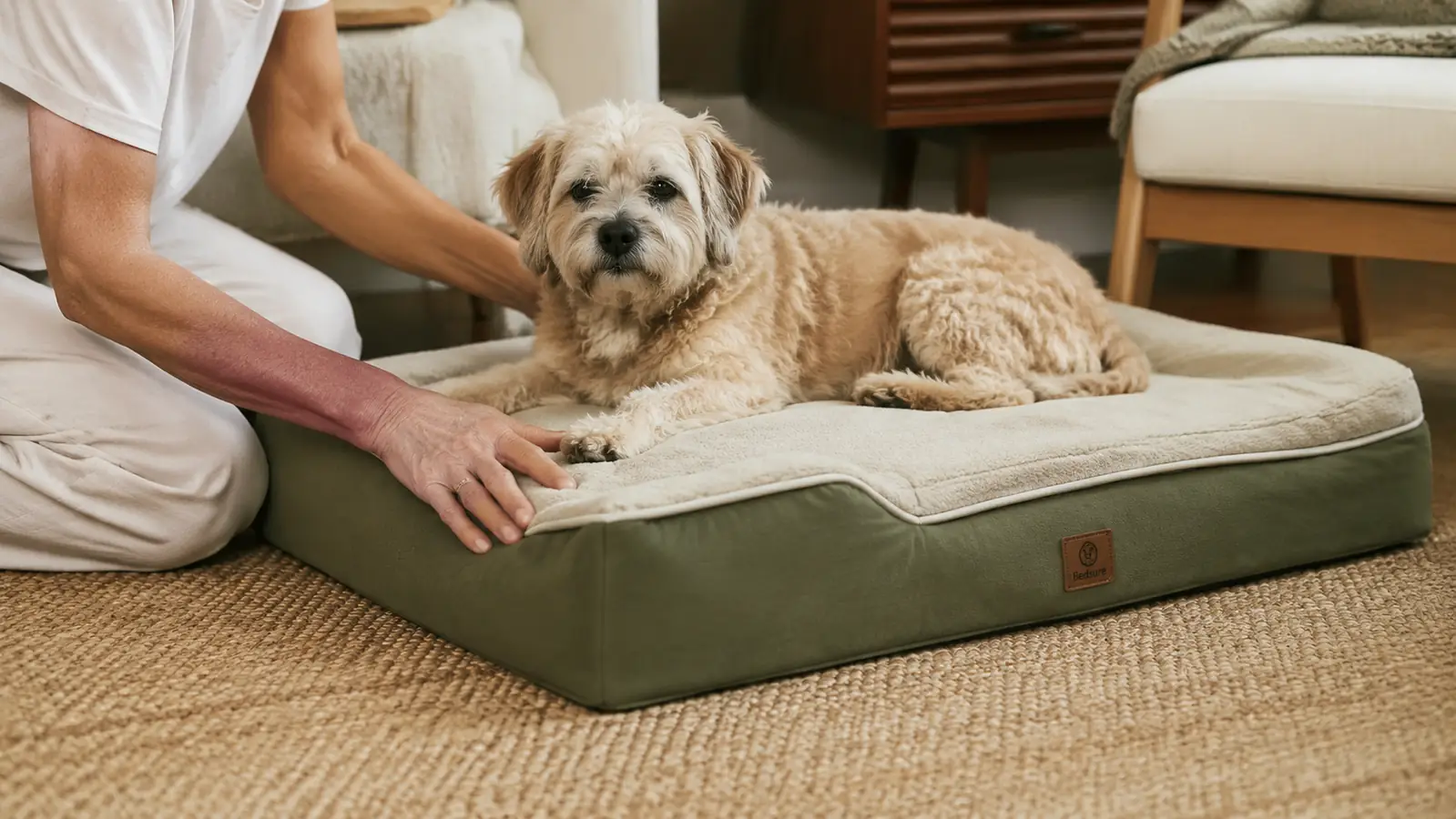 A small senior dog lying comfortably on the orthopedic bed while a hand smooths the washable cover
