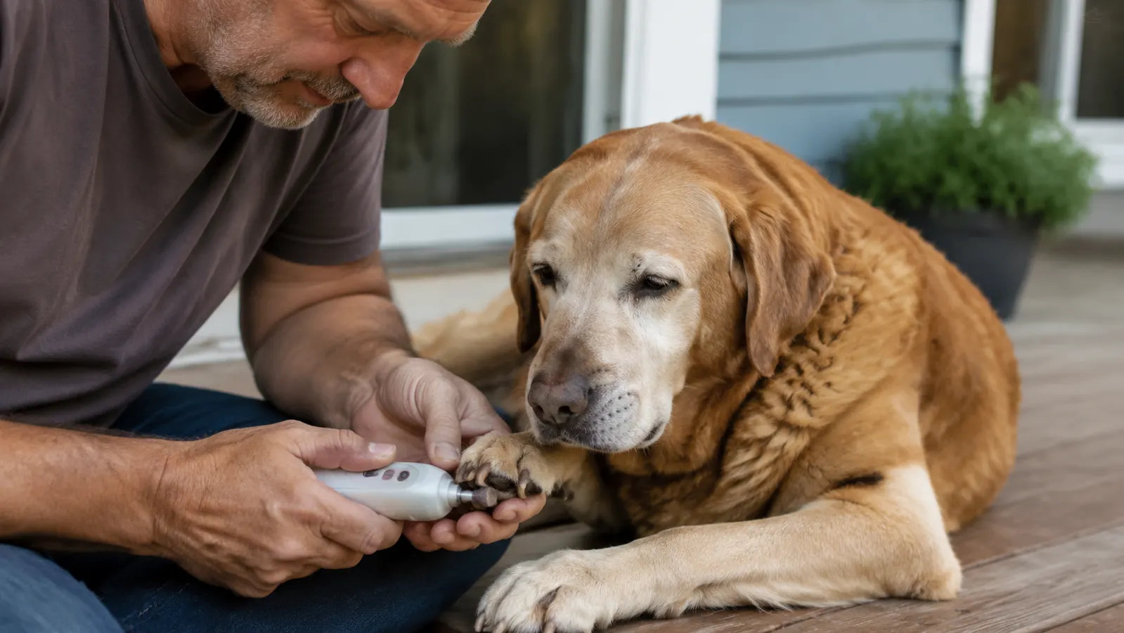 A hand guiding a quiet nail grinder near one paw of a calm senior dog lying on a porch