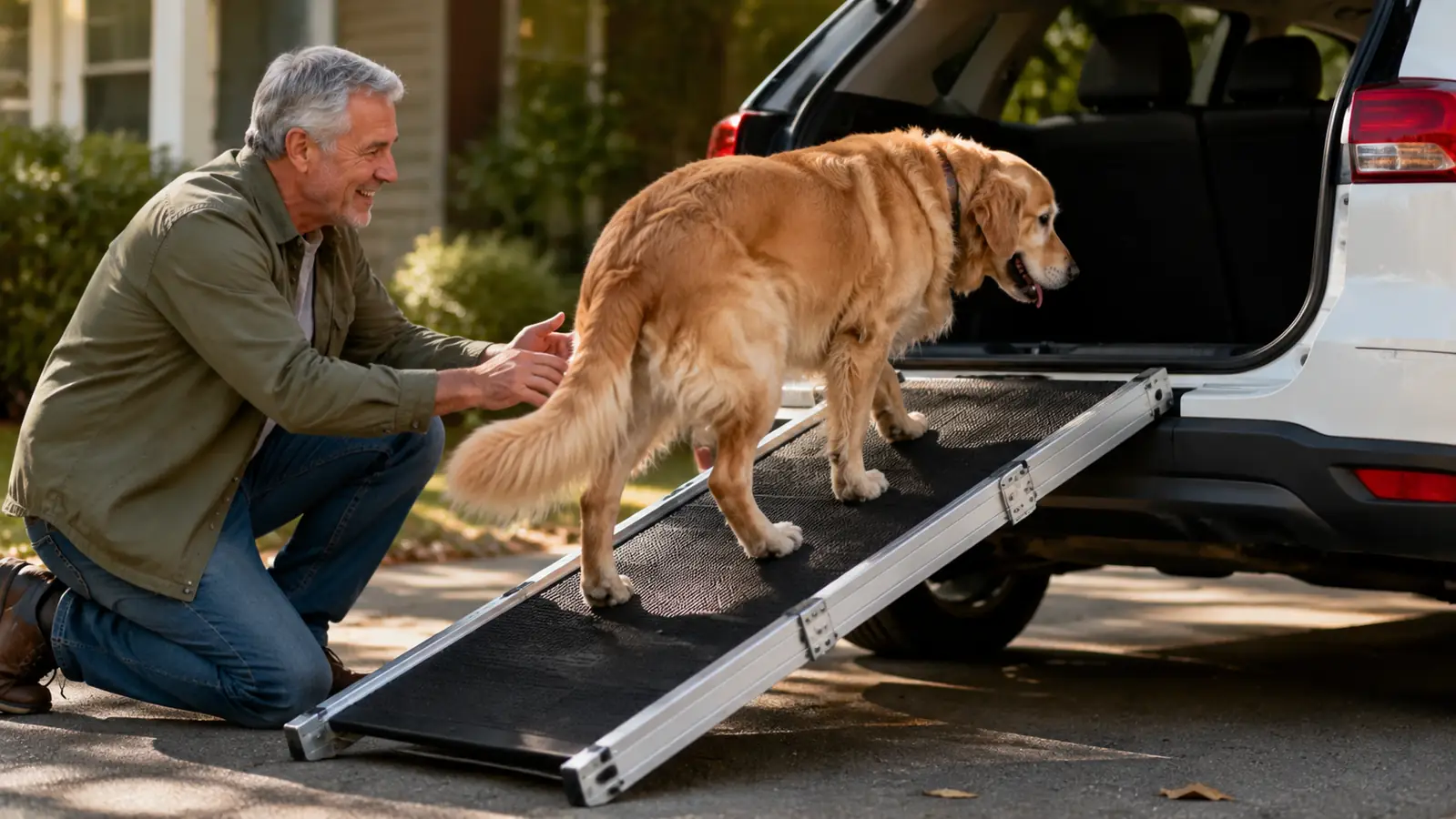 A senior dog walking up a wide folding ramp into an open car hatch while its owner kneels behind it guiding with a hand