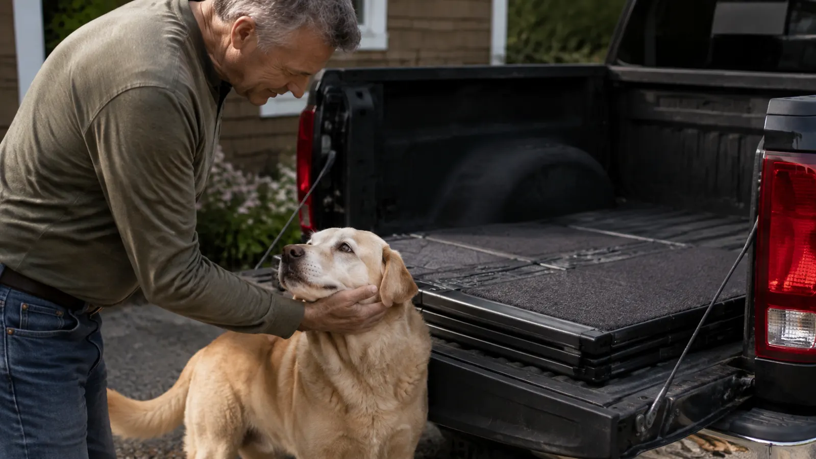 A folded pet ramp stowed flat in the back of a truck near the tailgate, out of the way