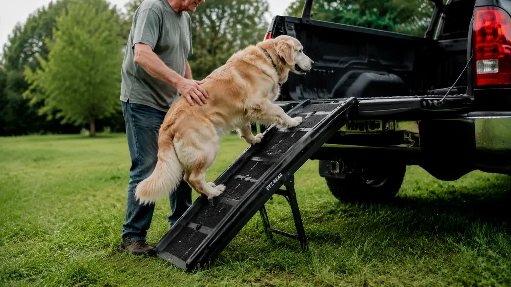 An older black lab with its front paws planted on the traction surface of a dog ramp set up beside a parked truck